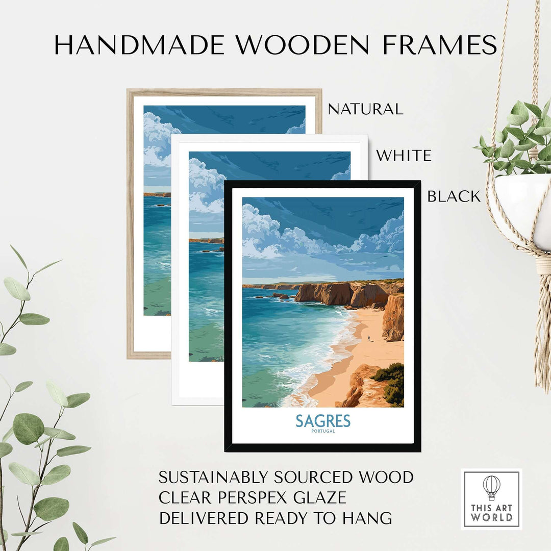 Sagres Portugal Golden Cliffs Beach Art Print | Algarve Coastal Poster framed in three color options: natural, white, and black.