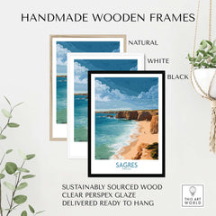 Handmade wooden frames for Sagres Portugal Golden Cliffs Beach Art Print | Algarve Coastal Poster in natural, white, and black.