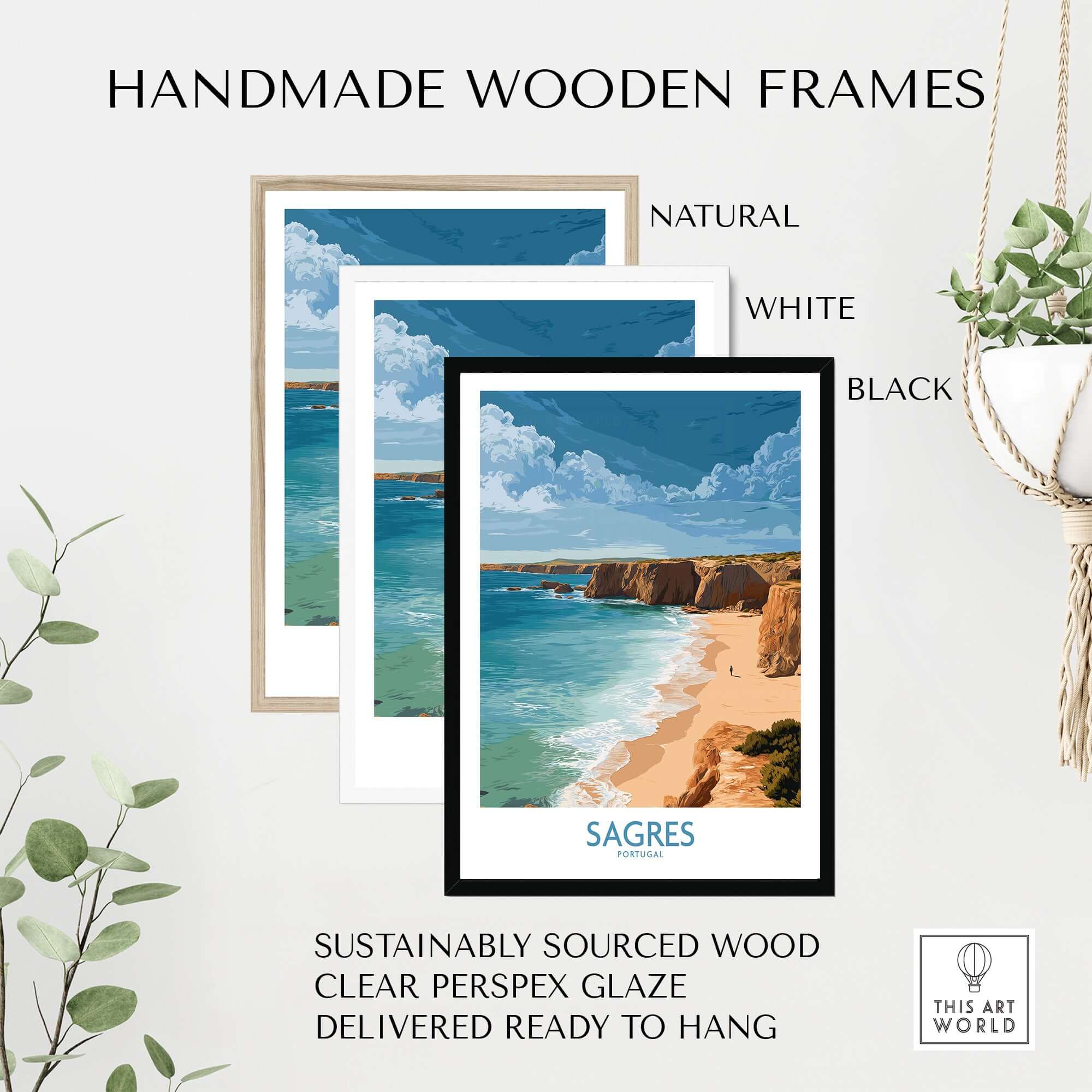 Handmade wooden frames for Sagres Portugal Golden Cliffs Beach Art Print | Algarve Coastal Poster in natural, white, and black.