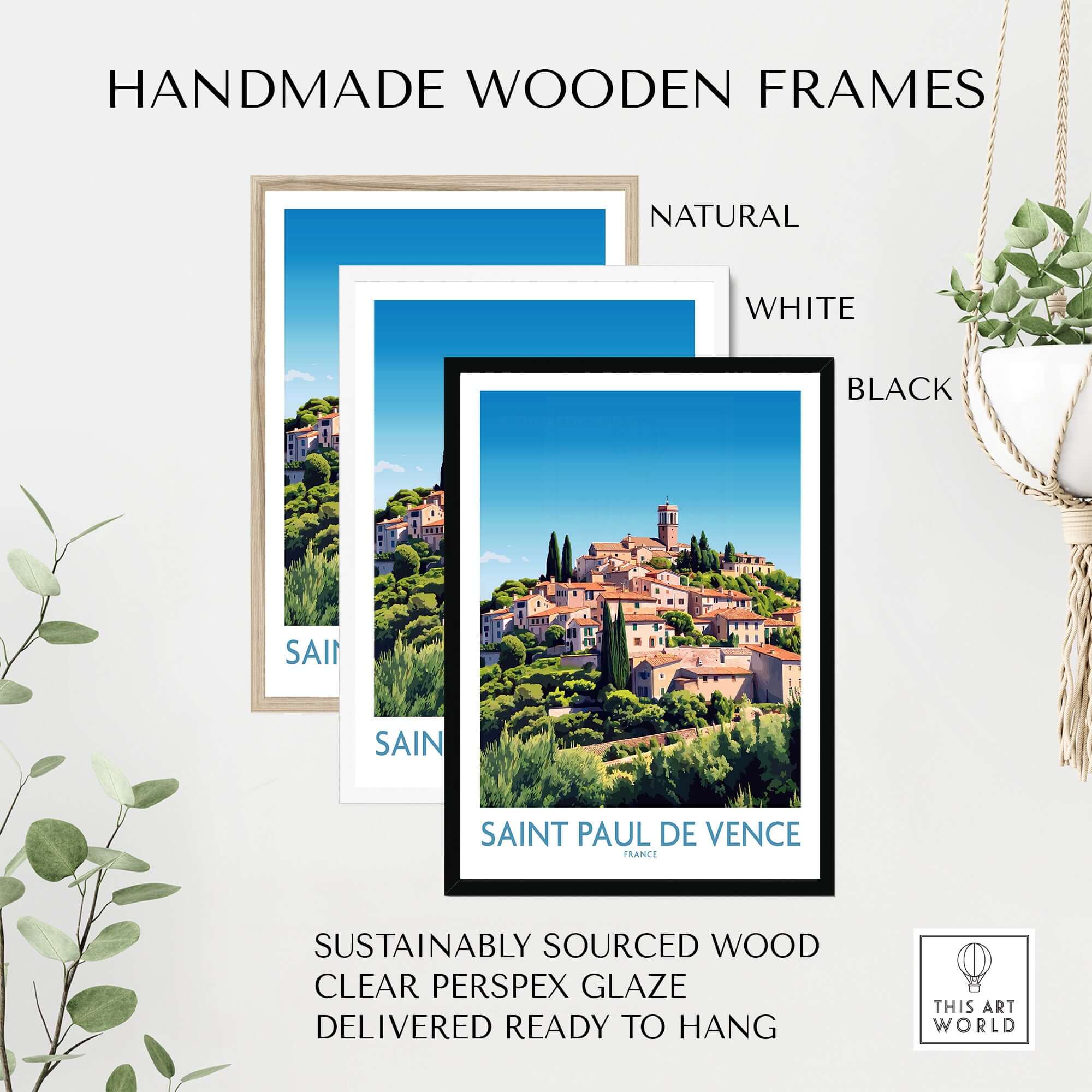 Handmade wooden frames for Saint Paul de Vence Travel Poster - French Riviera Wall Art - South of France Print.