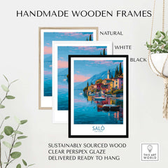 Handmade wooden frames in natural, white, and black for Salò Lake Garda Italy Sunset Art Print | Lakeside Boats Poster.