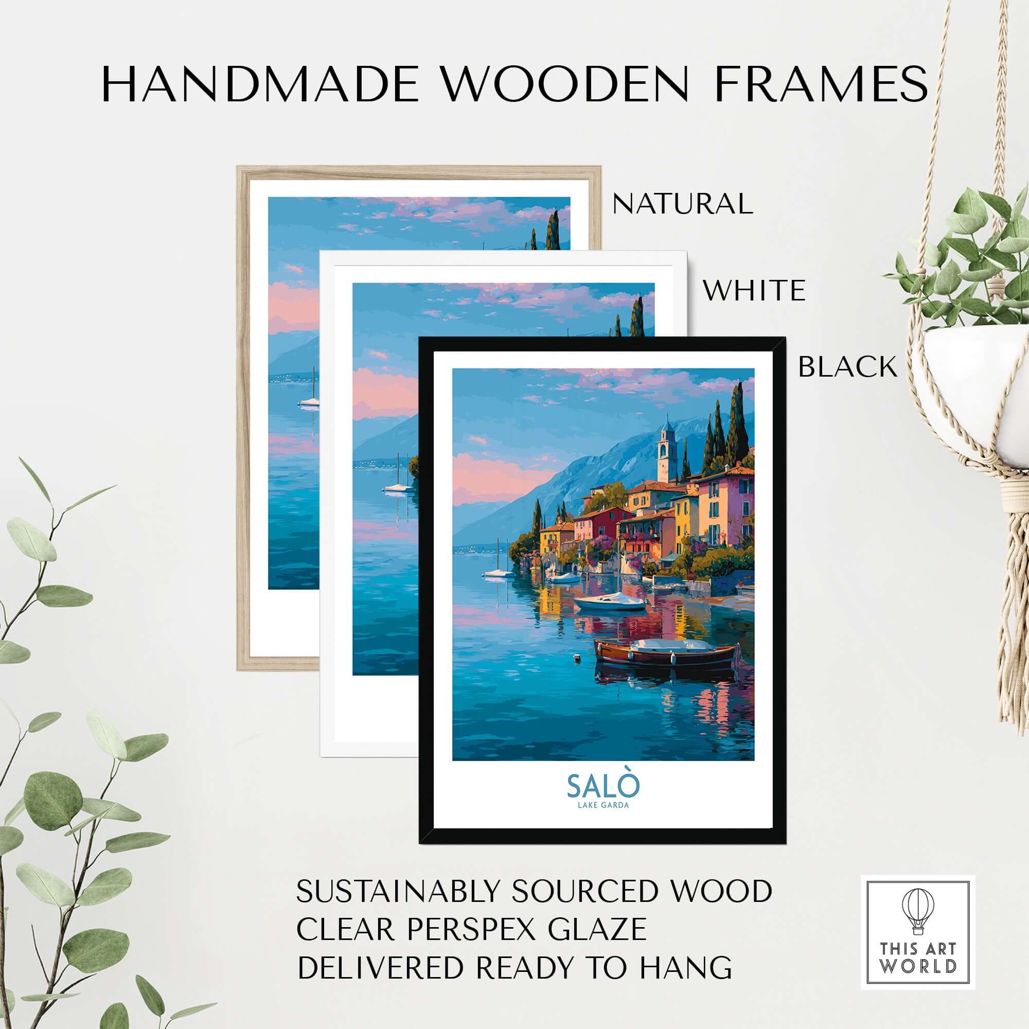 Handmade wooden frames in natural, white, and black for Salò Lake Garda Italy Sunset Art Print | Lakeside Boats Poster.