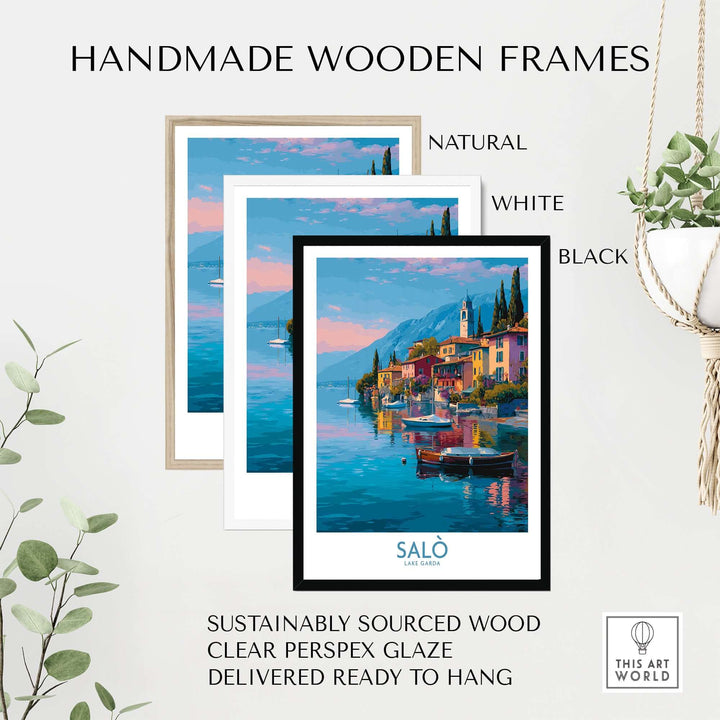 Salò Lake Garda Italy Sunset Art Print | Lakeside Boats Poster in handmade wooden frames including natural, white, and black options.