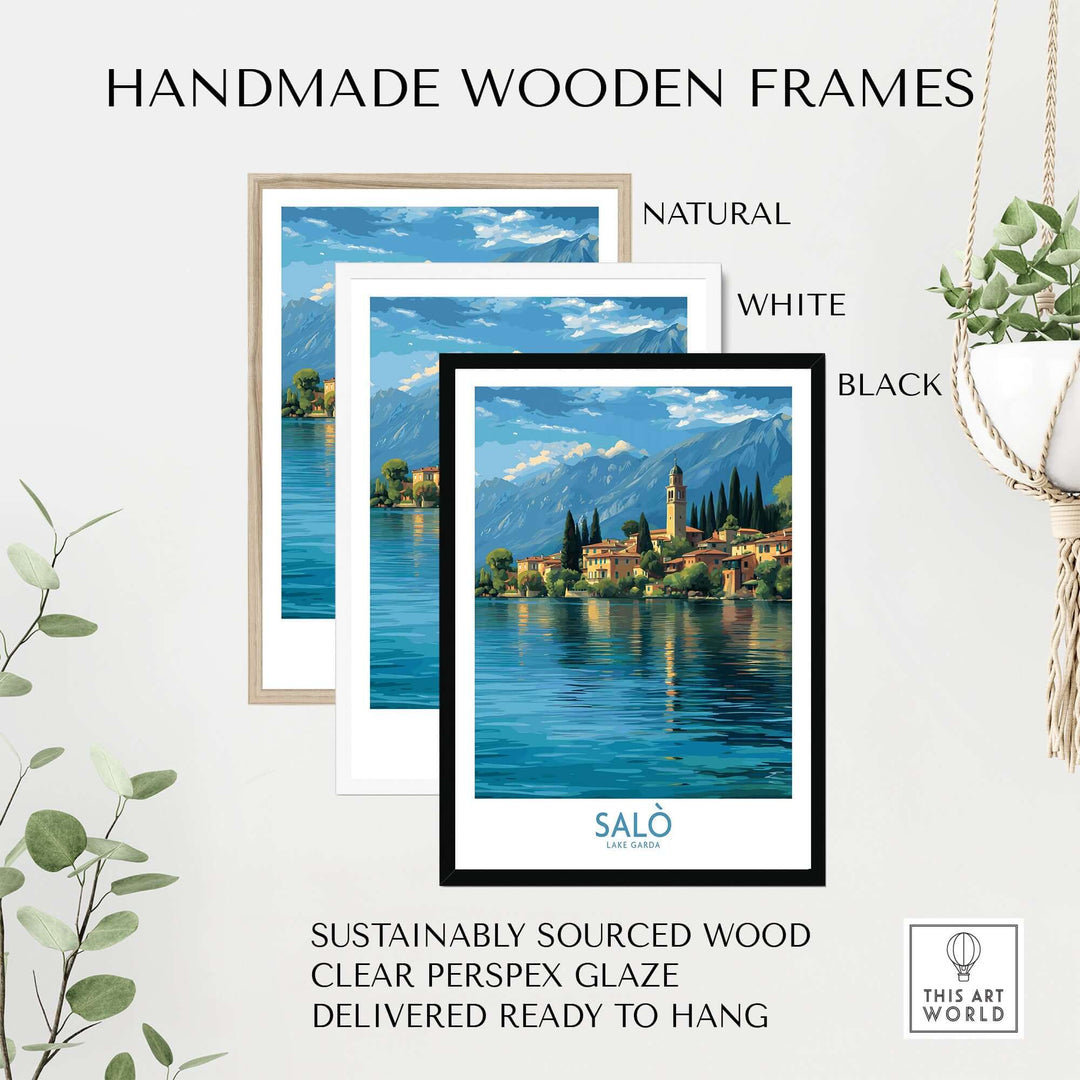 Salò Lake Garda Italy Village Art Print | Coastal Town Landscape Poster framed in natural, white, and black handmade wooden frames.