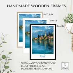 Handmade wooden frames for Salò Lake Garda Italy Village Art Print | Coastal Town Landscape Poster, sustainable and ready to hang.