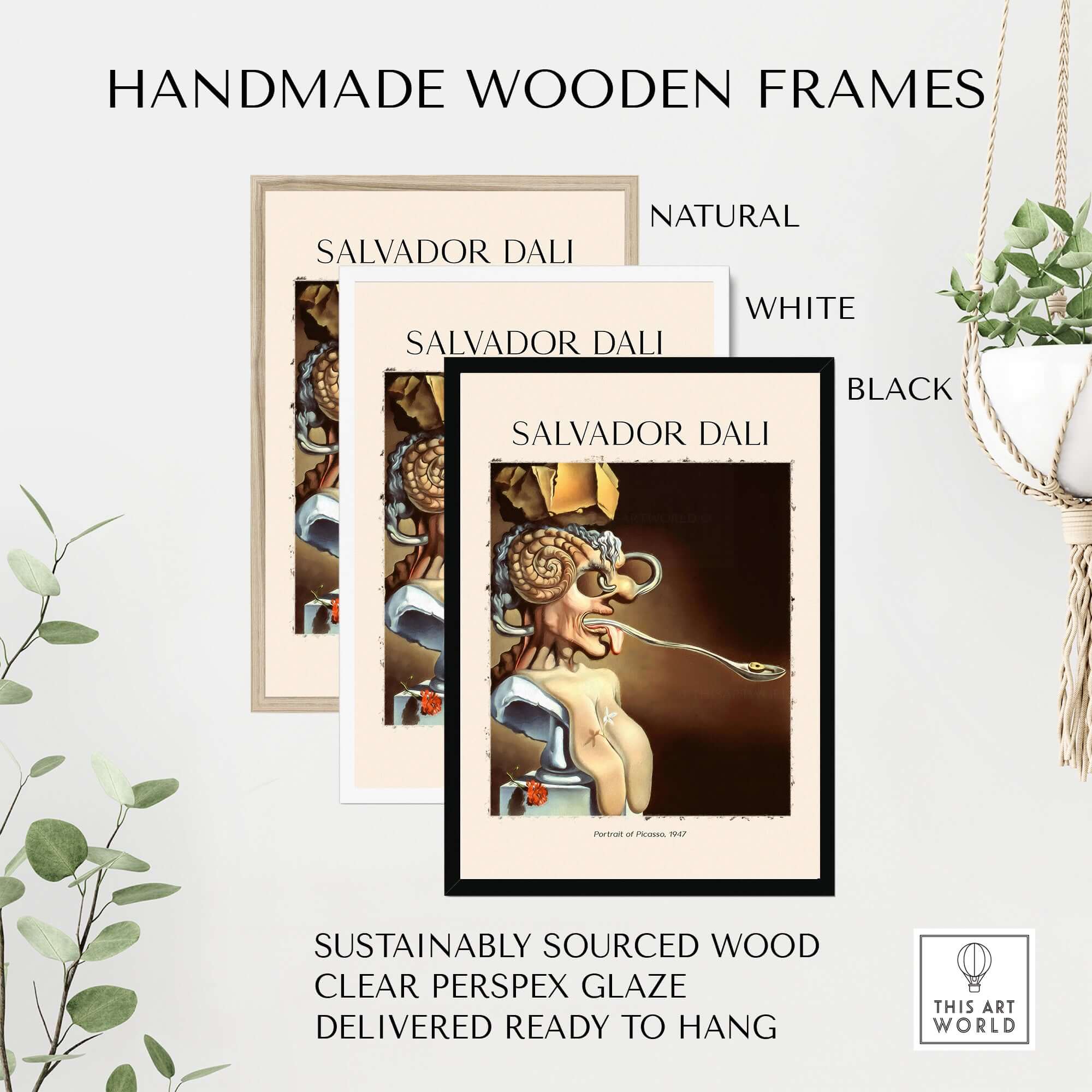 Salvador Dali Portrait of Picasso 1947 Surrealist Art Print Grotesque Poster in handmade wooden frames.