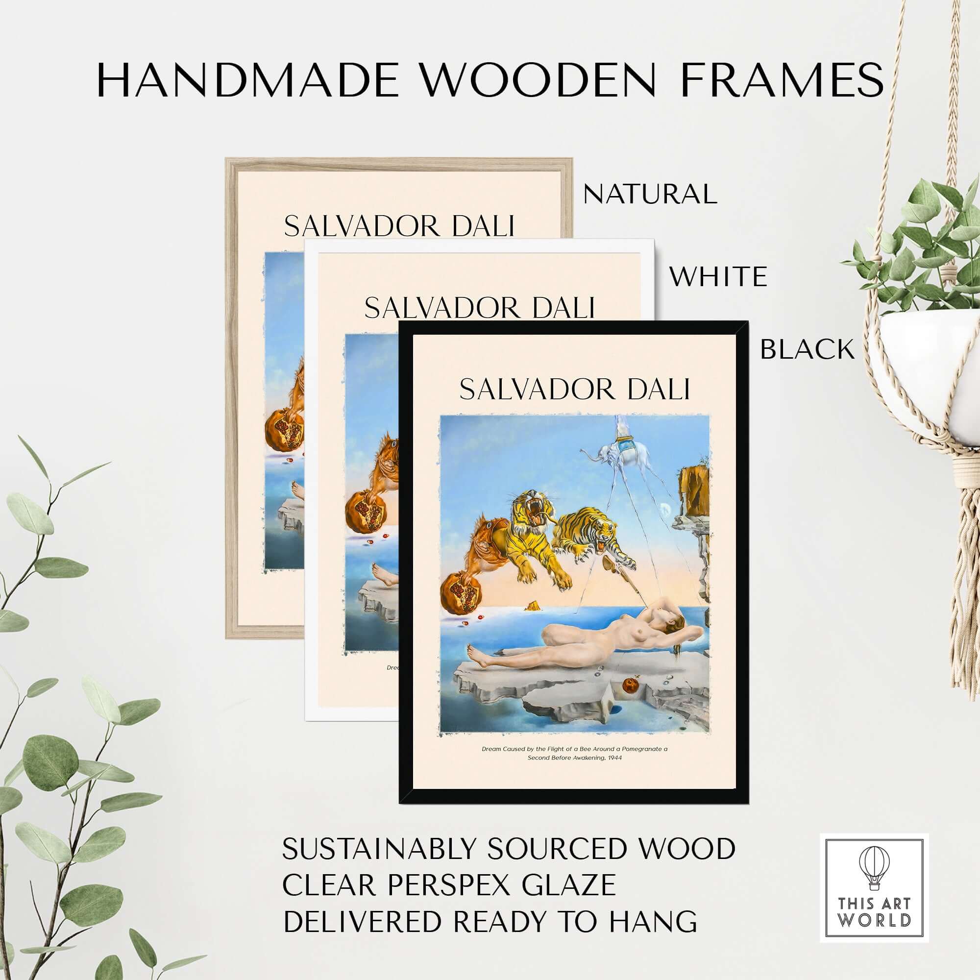 Salvador Dali Dream Caused by the Flight of a Bee Pomegranate Surrealism Art Print Poster Tigers in handmade wooden frames