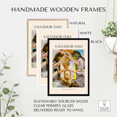 Handmade wooden frames in natural, white, and black for Salvador Dali art prints, sustainably sourced and ready to hang.