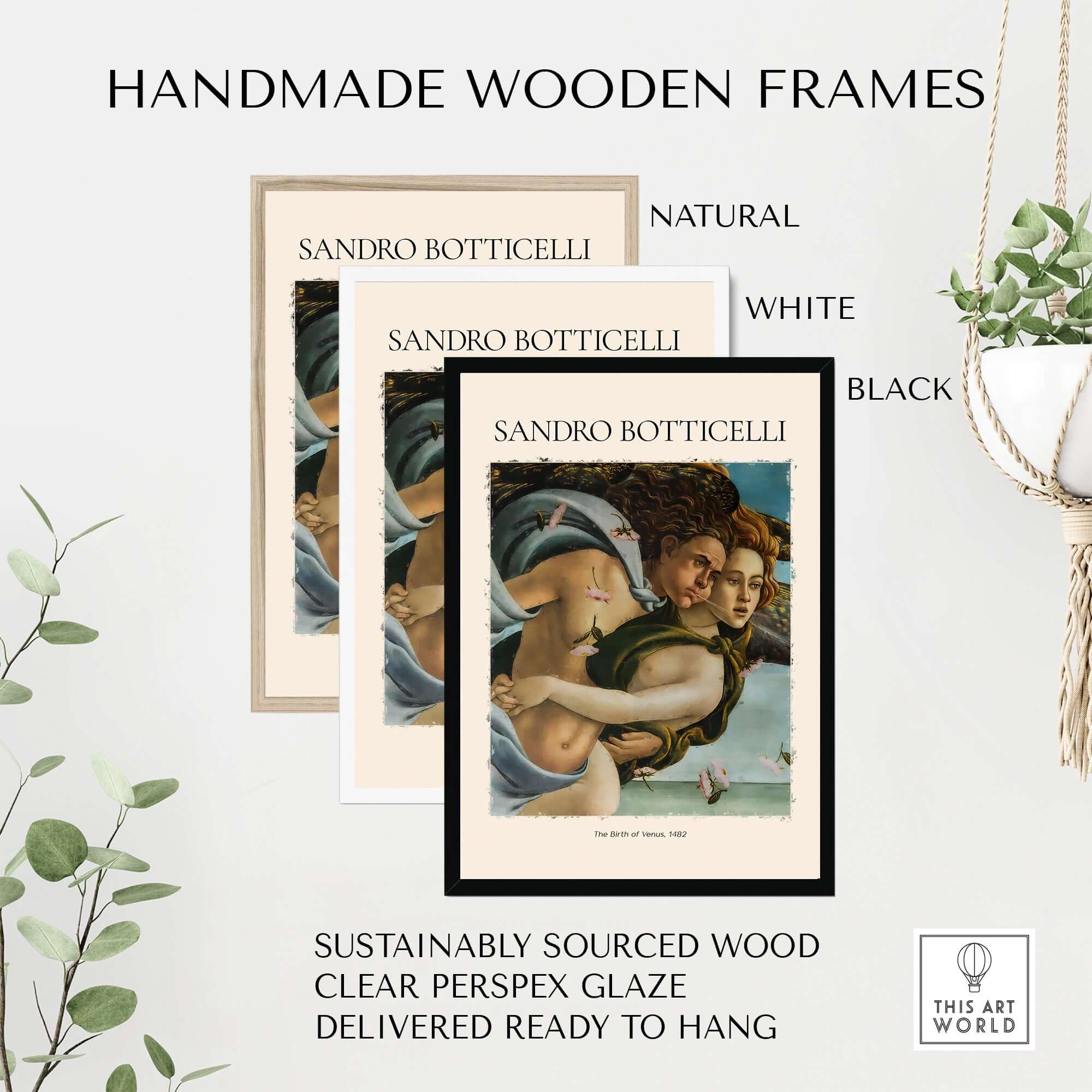 Handmade wooden frames in natural, white, and black for Botticelli art prints, sustainably sourced wood, ready to hang.