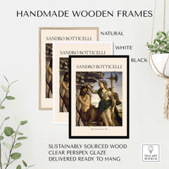 Botticelli Pallas and the Centaur Minerva Art Print Mythology Allegory Poster framed in natural, white, and black frames.