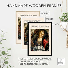 Handmade wooden frames in natural, white, and black for Botticelli art prints with clear perspex glaze.