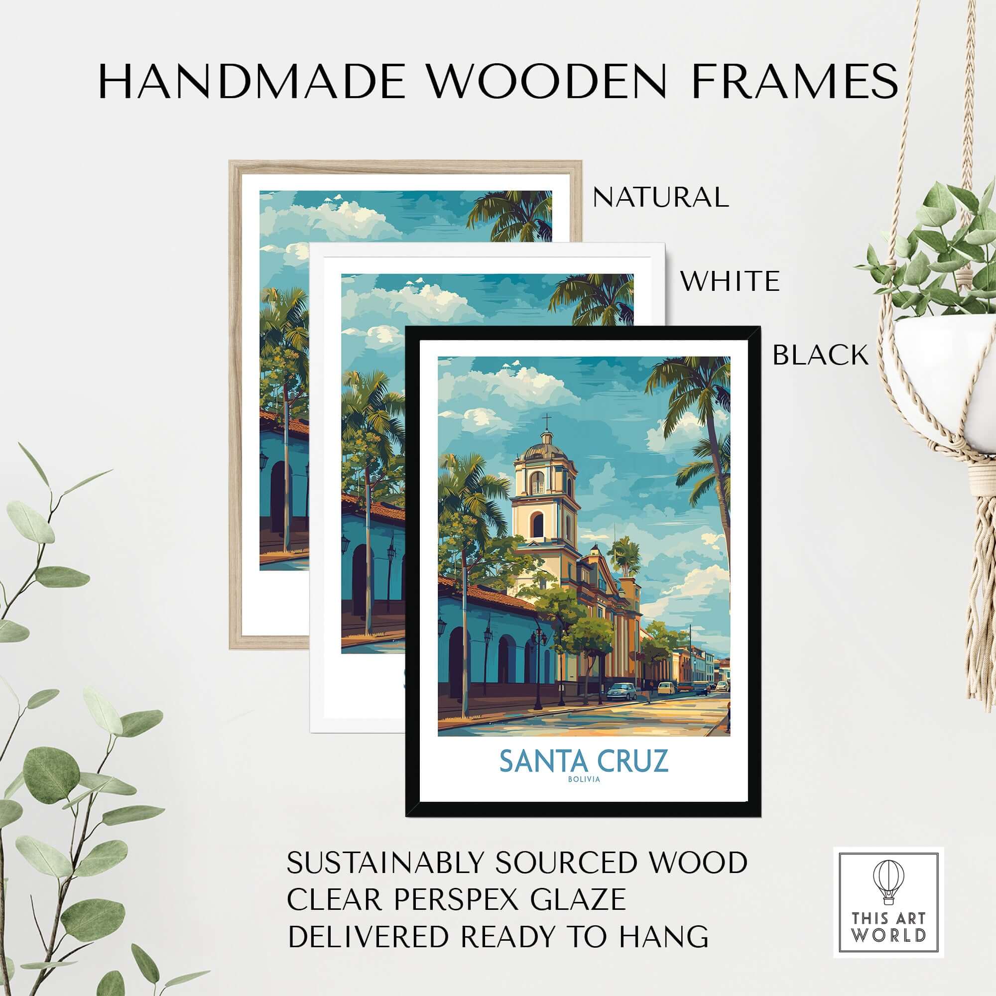 Santa Cruz Bolivia Tropical Street Art Print | Historic Church Poster displayed in handmade wooden frames.