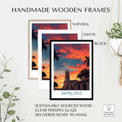 Handmade wooden frames for Santa Cruz Bolivia Sunset Art Print | Palm Trees Church Poster featuring natural, white, and black options.