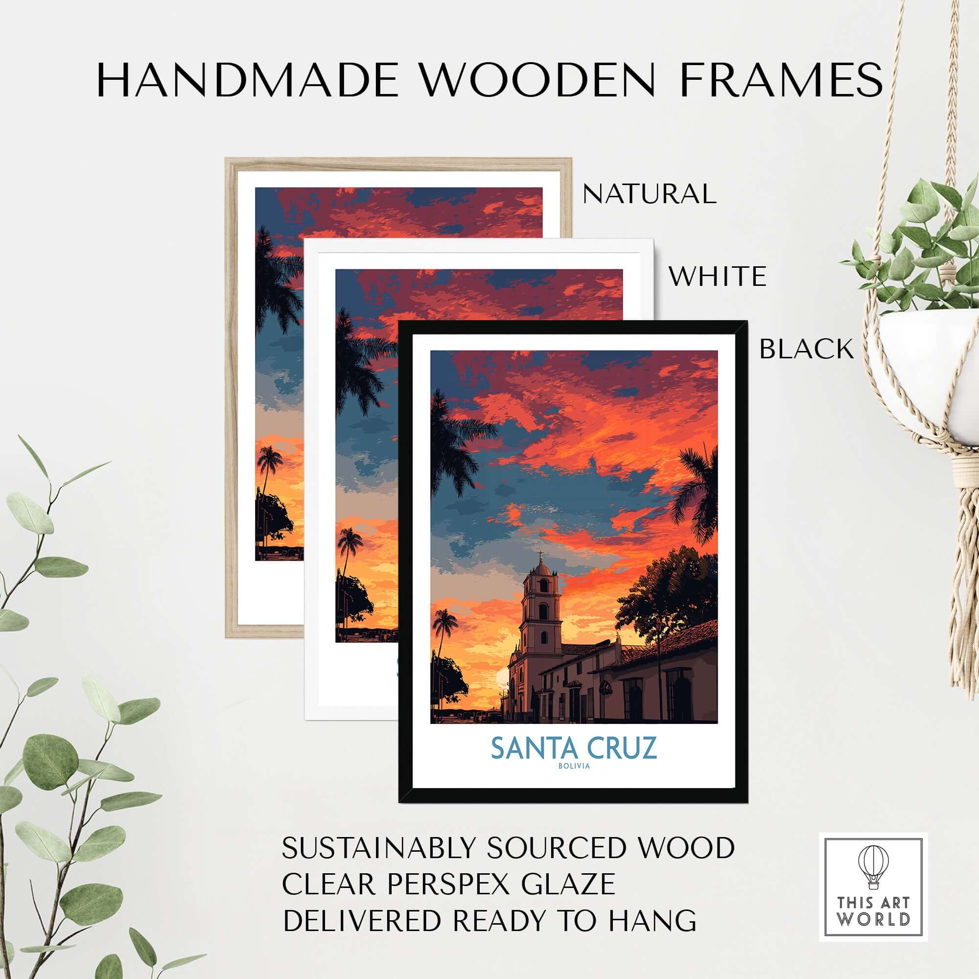 Handmade wooden frames for Santa Cruz Bolivia Sunset Art Print | Palm Trees Church Poster featuring natural, white, and black options.