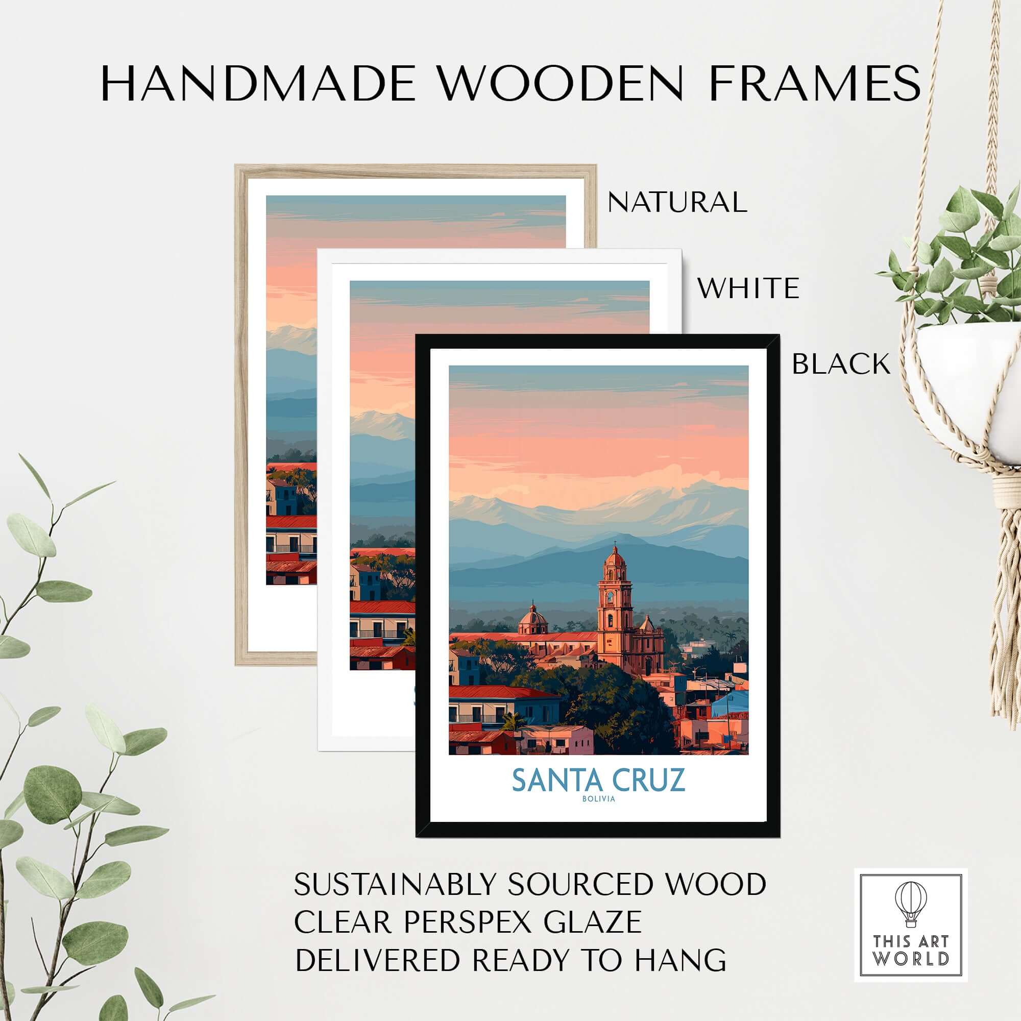 Handmade wooden frames in natural, white, and black colors showcasing Santa Cruz Bolivia Poster | Cathedral Skyline Print.