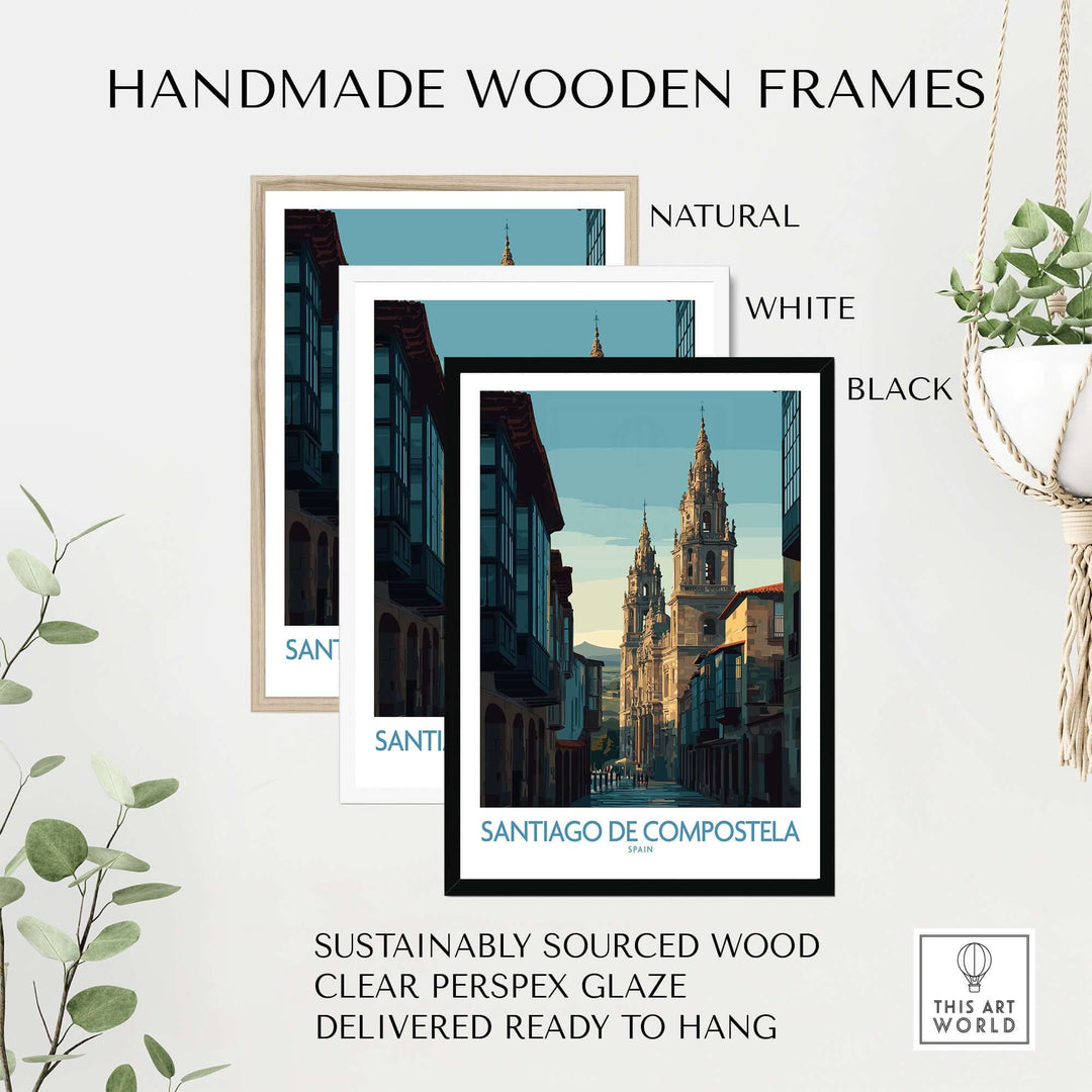 Santiago de Compostela Spain Cathedral Street View Art Print | Pilgrim City Poster framed in handmade wooden frames.