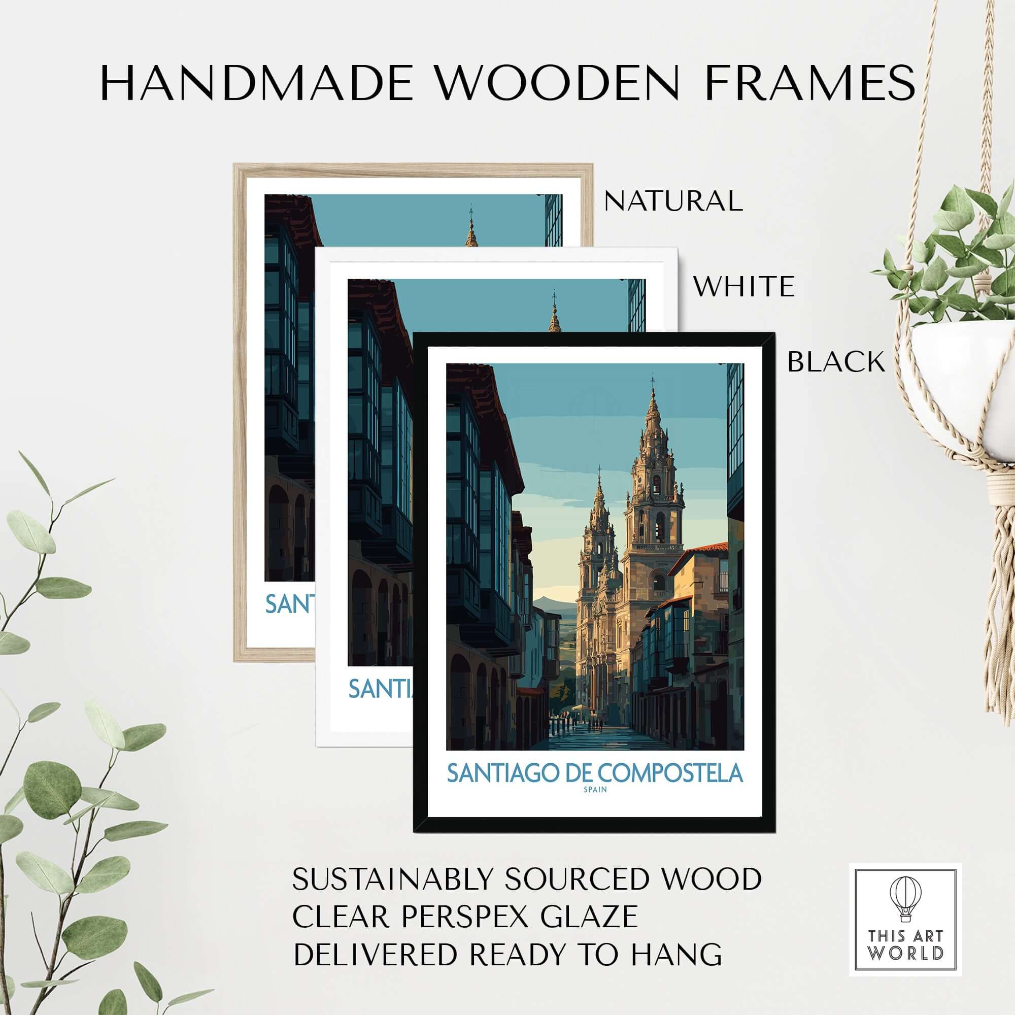 Santiago de Compostela Spain Cathedral Street View Art Print | Pilgrim City Poster framed in handmade wooden frames.