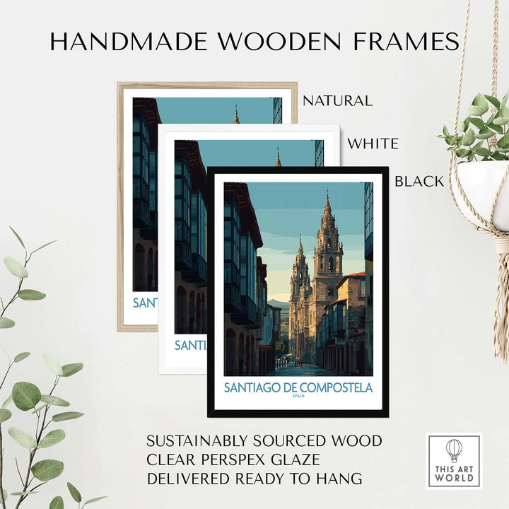 Santiago de Compostela Spain Cathedral Street View Art Print | Pilgrim City Poster framed in handmade wooden frames.