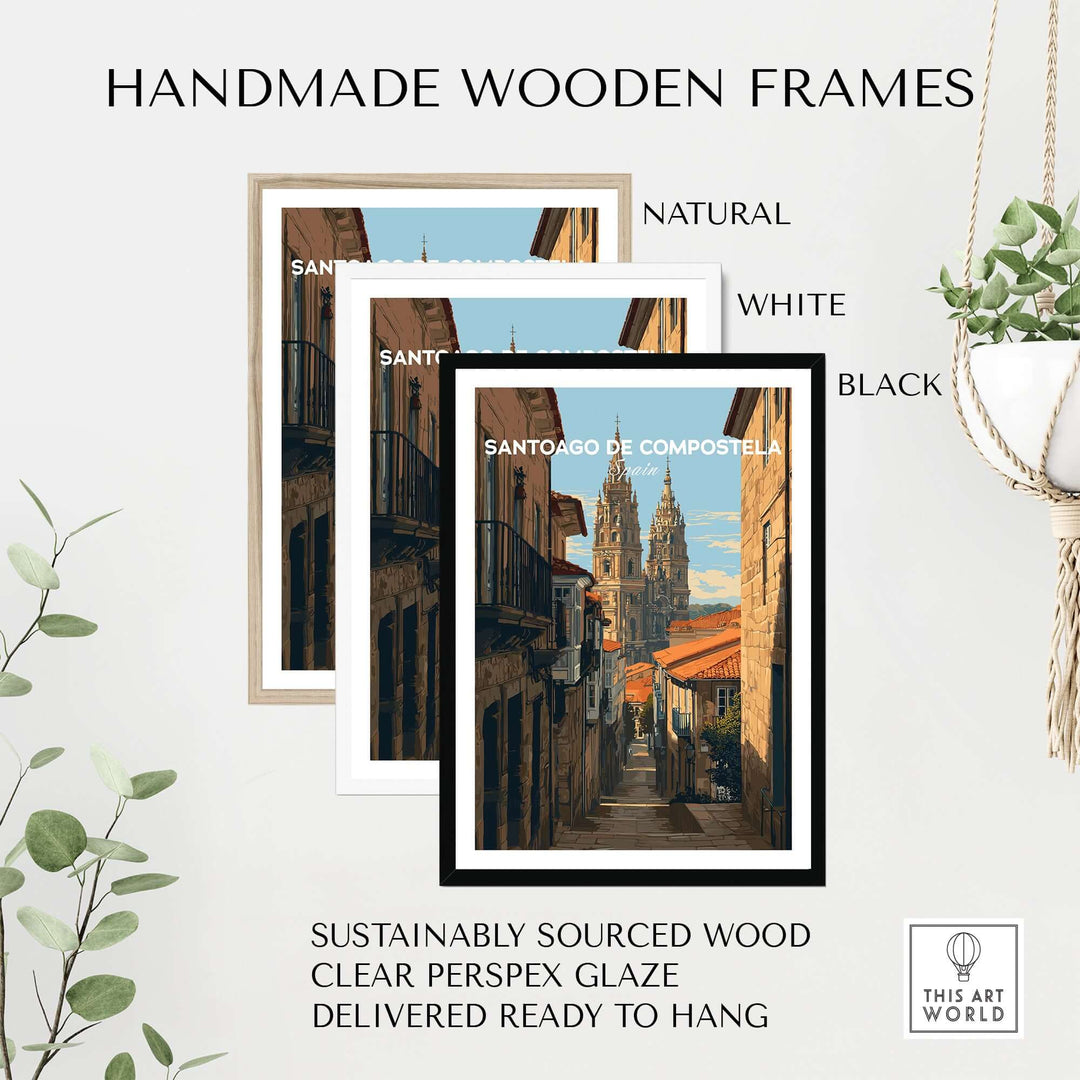 Santiago de Compostela Spain Cobblestone Street View Print | Galician Home Decor with handmade wooden frames.