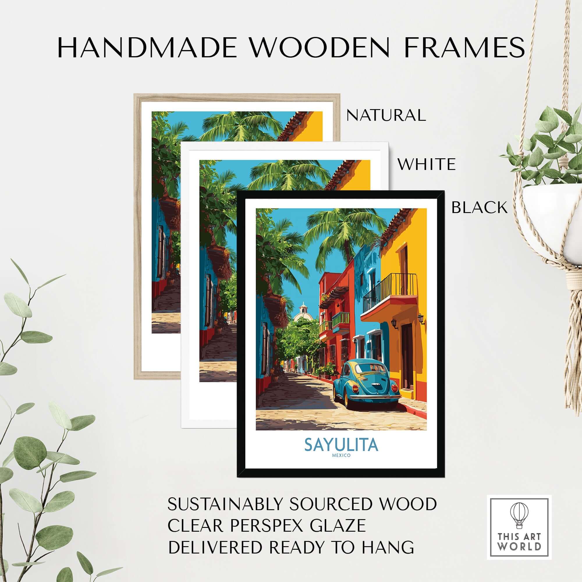 Sayulita Mexico Print | Colorful Street Poster displayed in natural, white, and black handmade wooden frames.