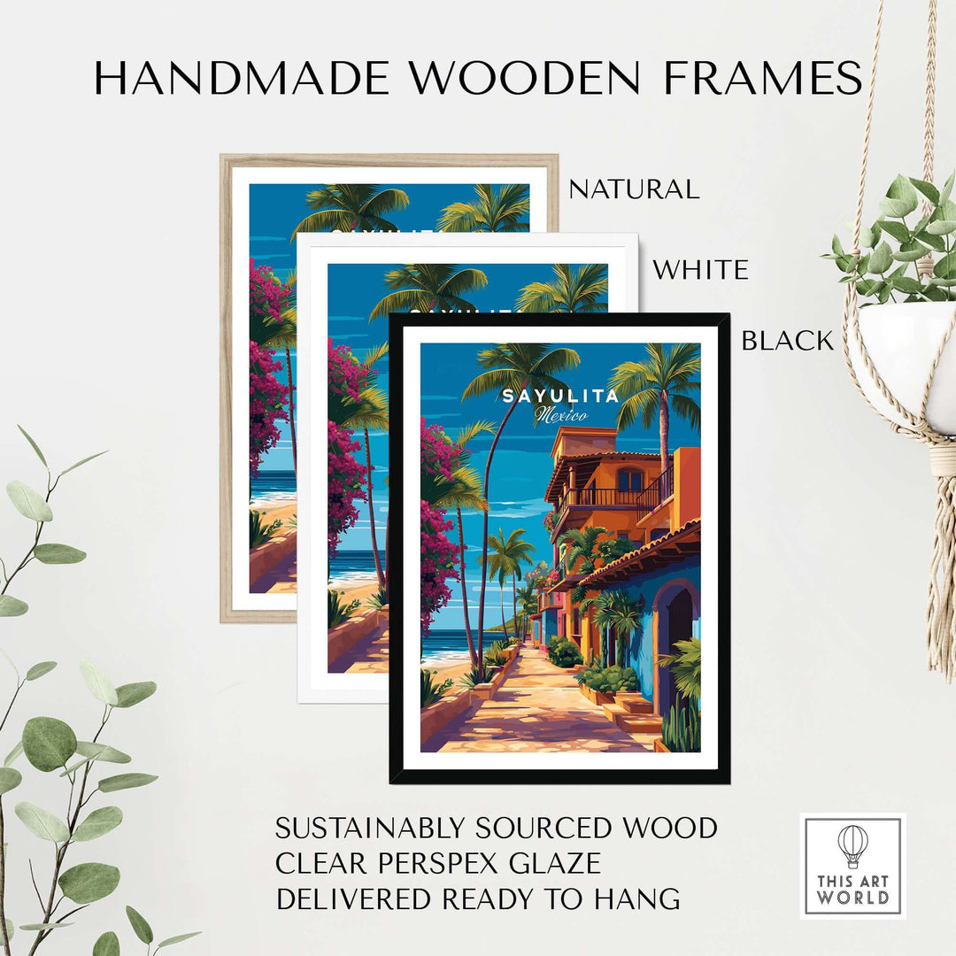 Sayulita Print | Vibrant Mexican Wall Decor displayed in handmade wooden frames in natural, white, and black colors.