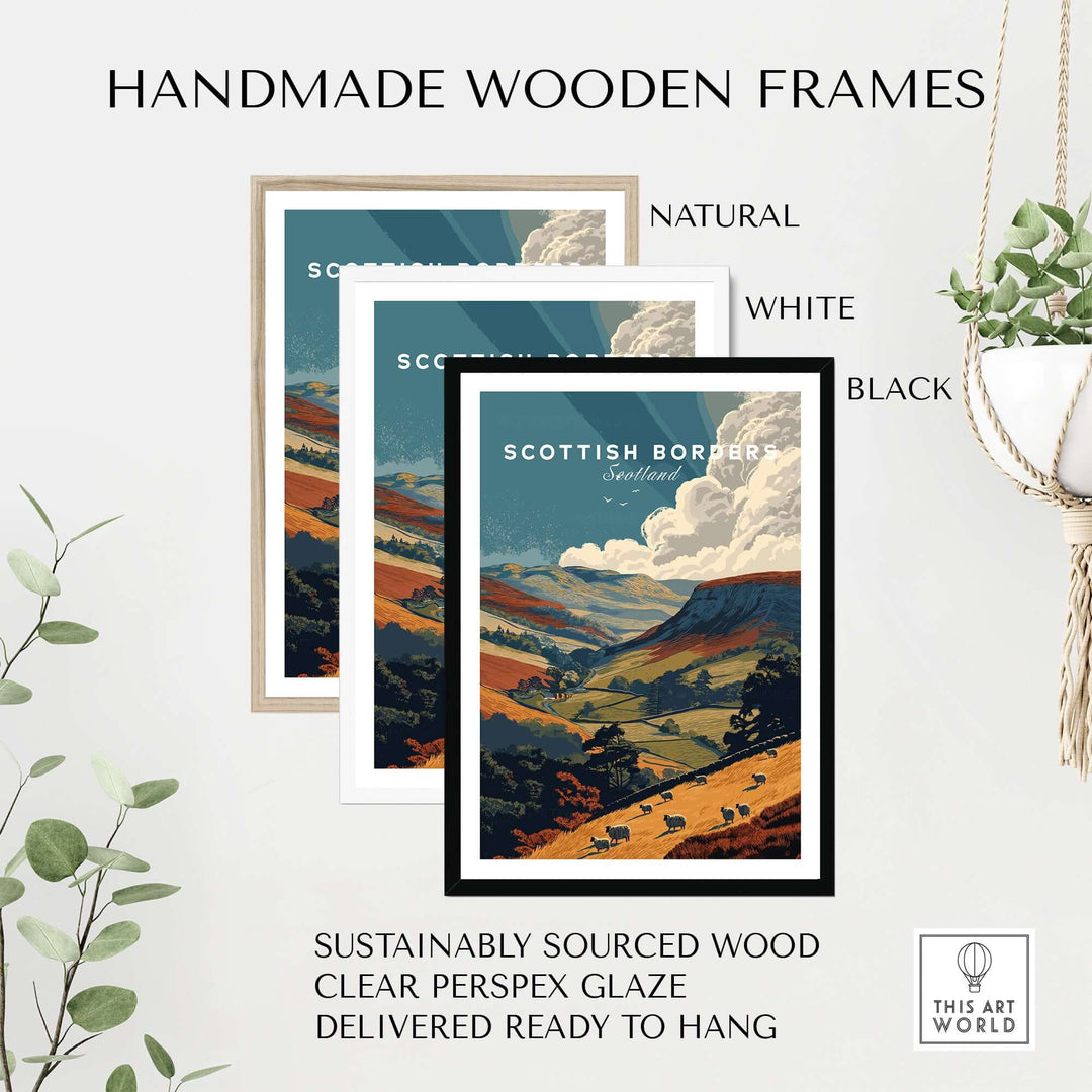 Handmade wooden frames in natural, white, and black for Scottish Borders travel poster wall art.