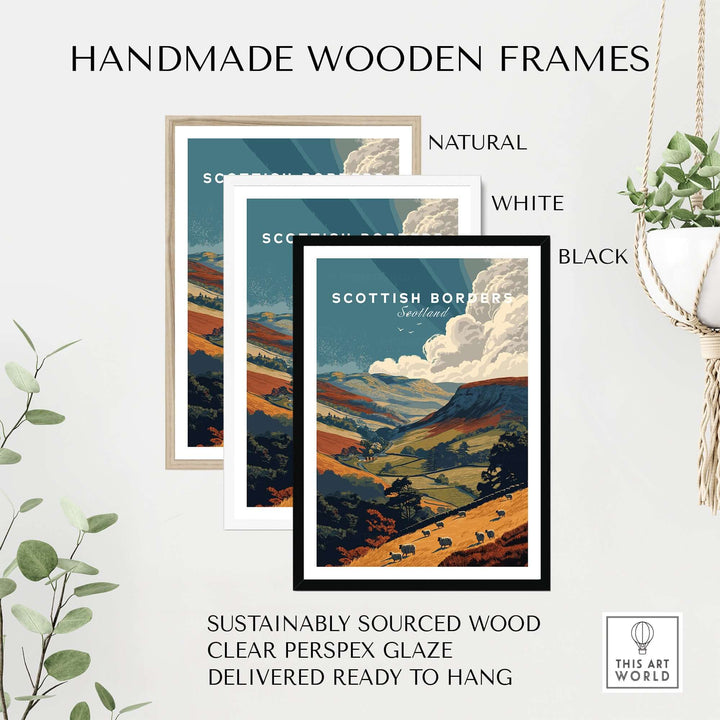 Handmade wooden frames in natural, white, and black for Scottish Borders travel poster wall art.