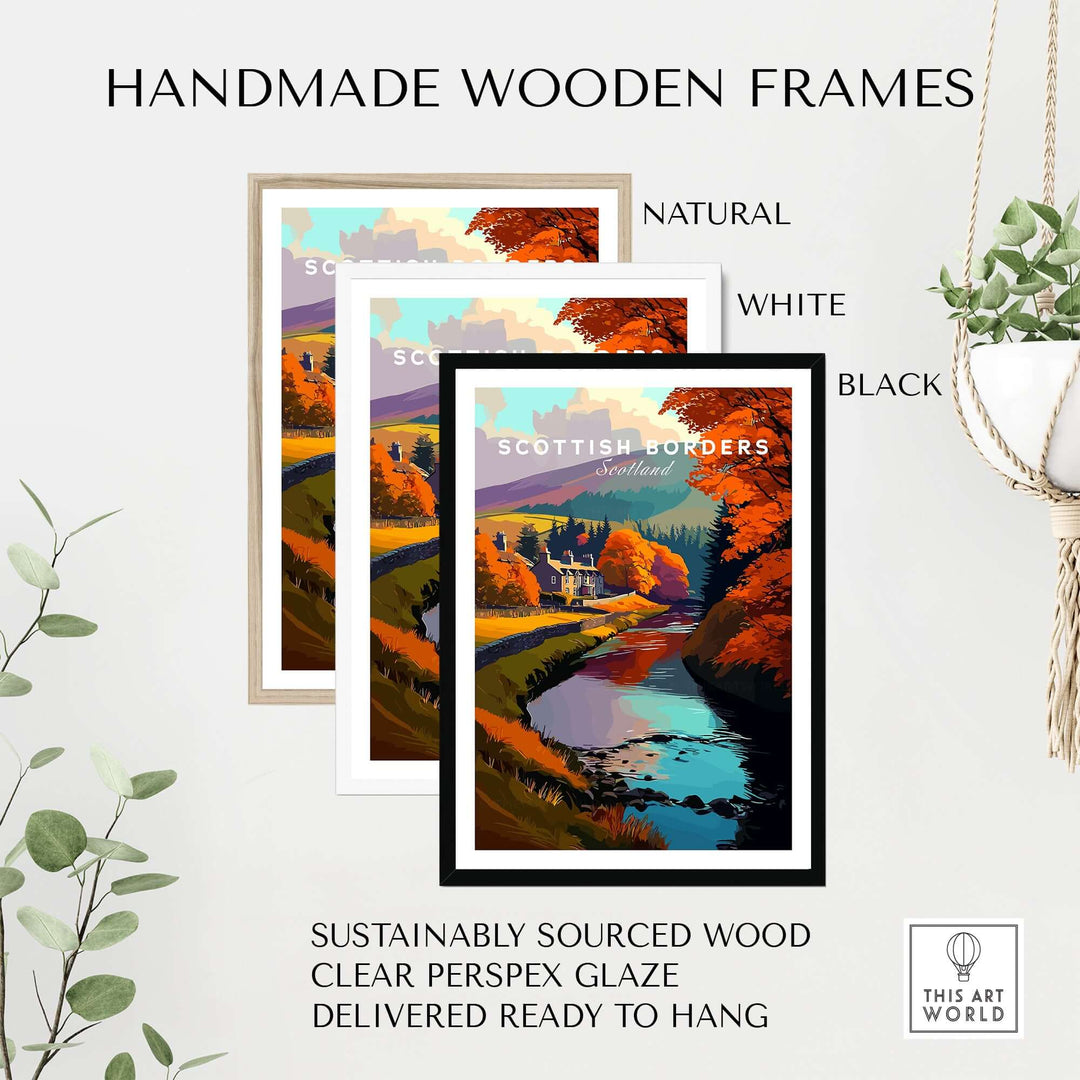 Handmade wooden frames in natural, white, and black for Scottish Borders river scene travel print poster.