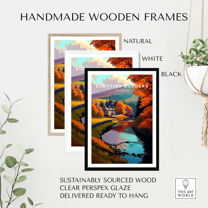 Handmade wooden frames in natural, white, and black for Scottish Borders river scene travel print poster.