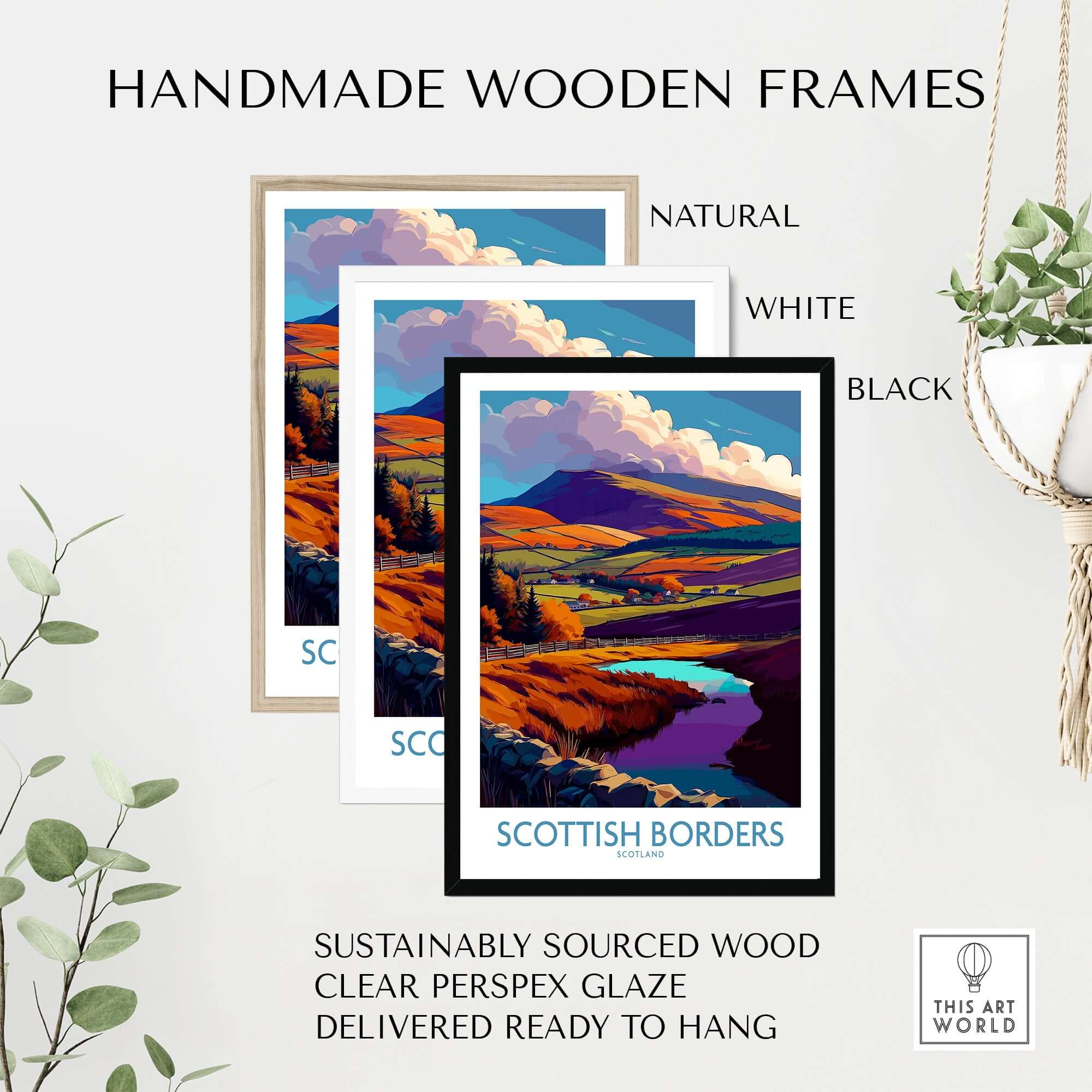 Handmade wooden frames for Scotland Travel Poster Scottish Borders Lake Autumn Hills Print Landscape Wall Art in natural, white, and black.