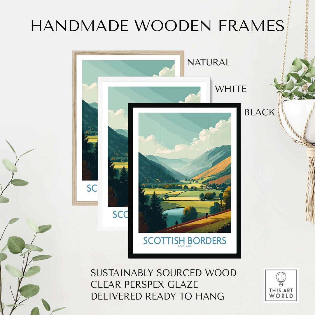 Handmade wooden frames in natural, white, and black styles, showcasing Scottish Borders landscape prints, ready to hang.