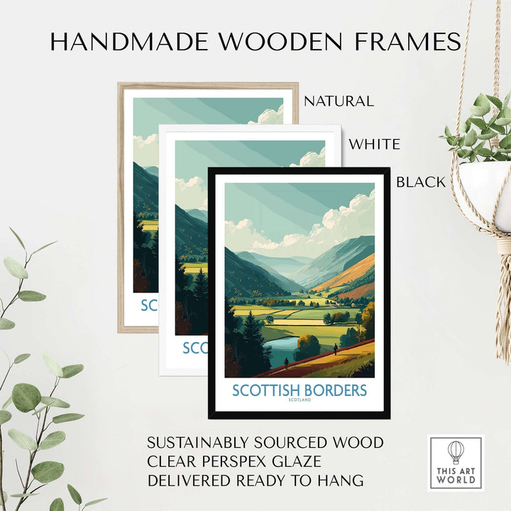 Handmade wooden frames in natural, white, and black styles, showcasing Scottish Borders landscape prints, ready to hang.
