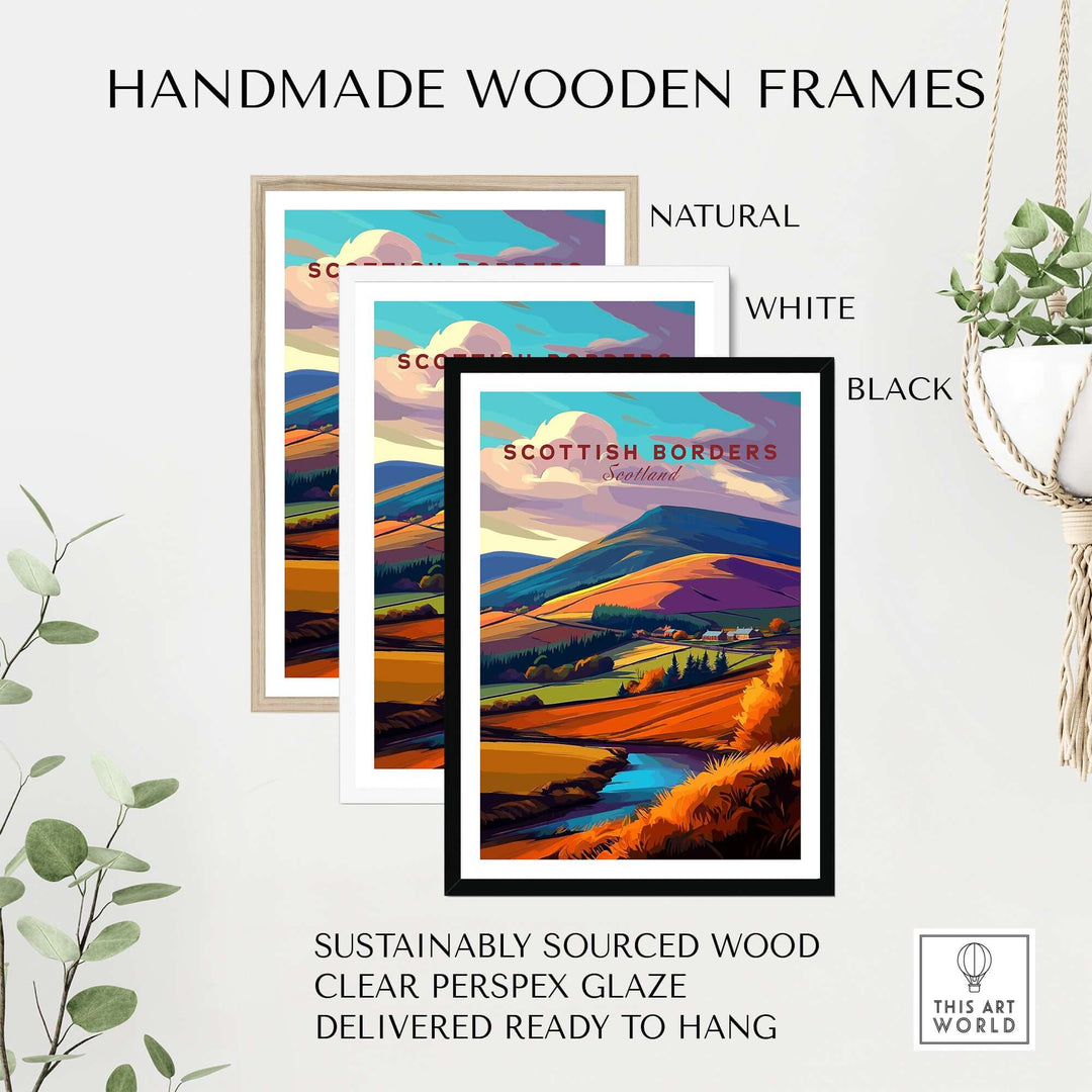 Handmade wooden frames in natural, white, and black for Scottish Borders travel print wall art.