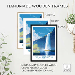 Seljalandsfoss Iceland Art Print showcased in handmade wooden frames in natural, white, and black colors.