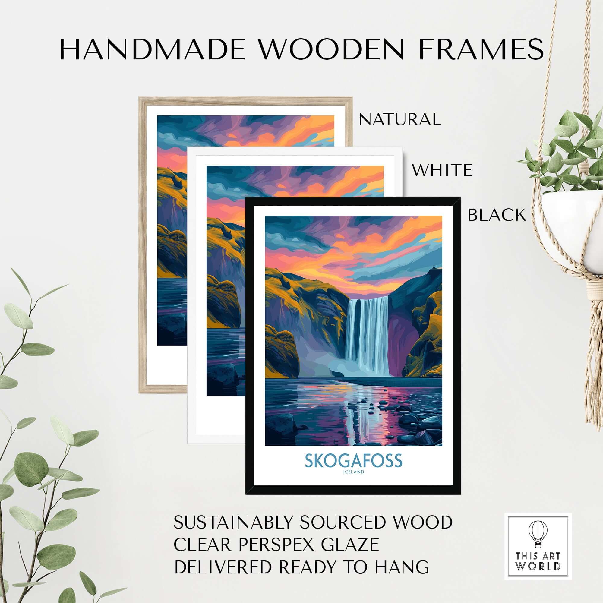 Handmade wooden frames for Skógafoss Iceland Sunset Art Print | Waterfall Reflection Poster showcasing natural, white, and black options.
