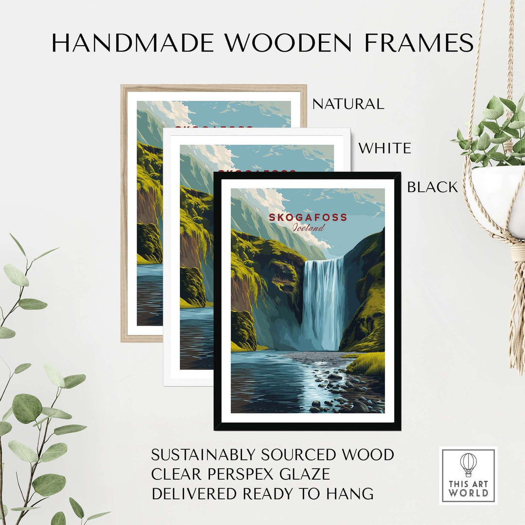 Skógafoss Icelandic Landscape and River Print | Nordic Nature Wall Decor in handmade wooden frames.