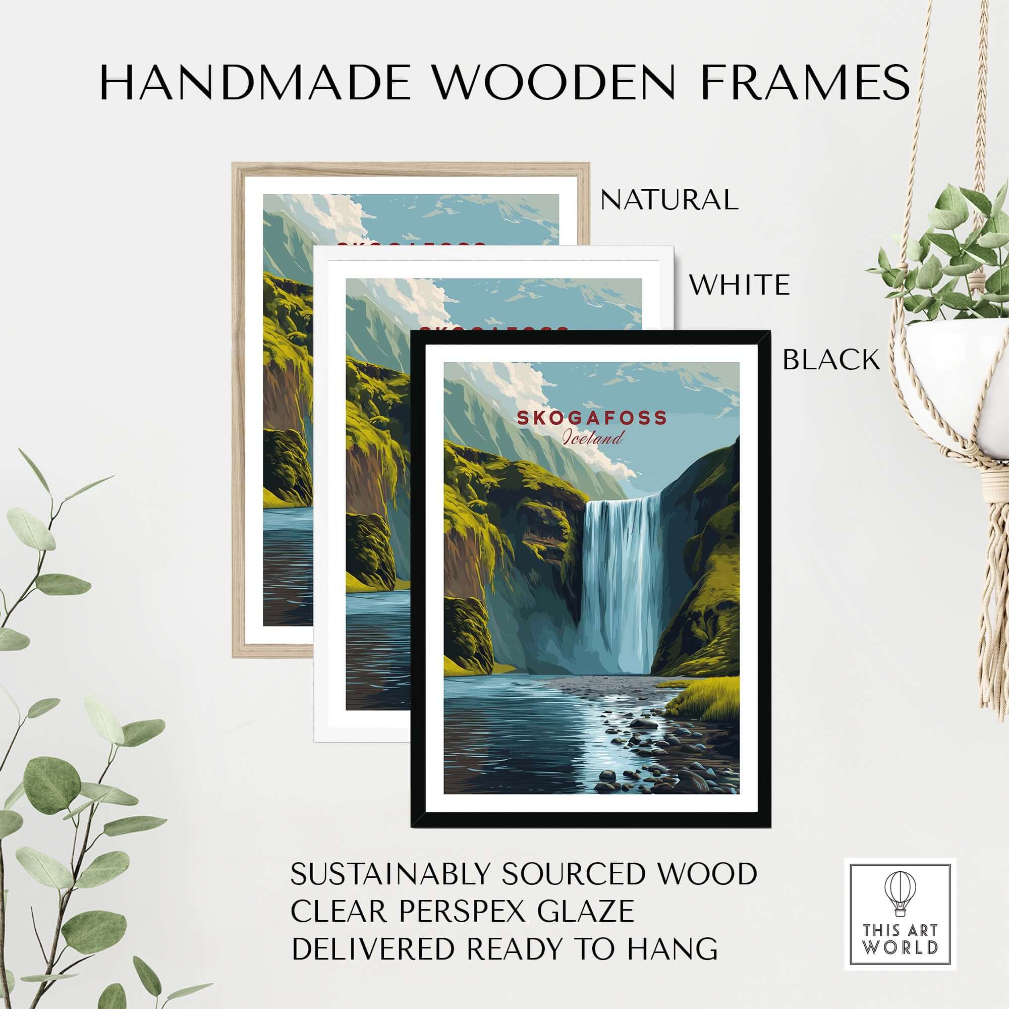 Skógafoss Icelandic Landscape and River Print | Nordic Nature Wall Decor framed in handmade wooden frames.