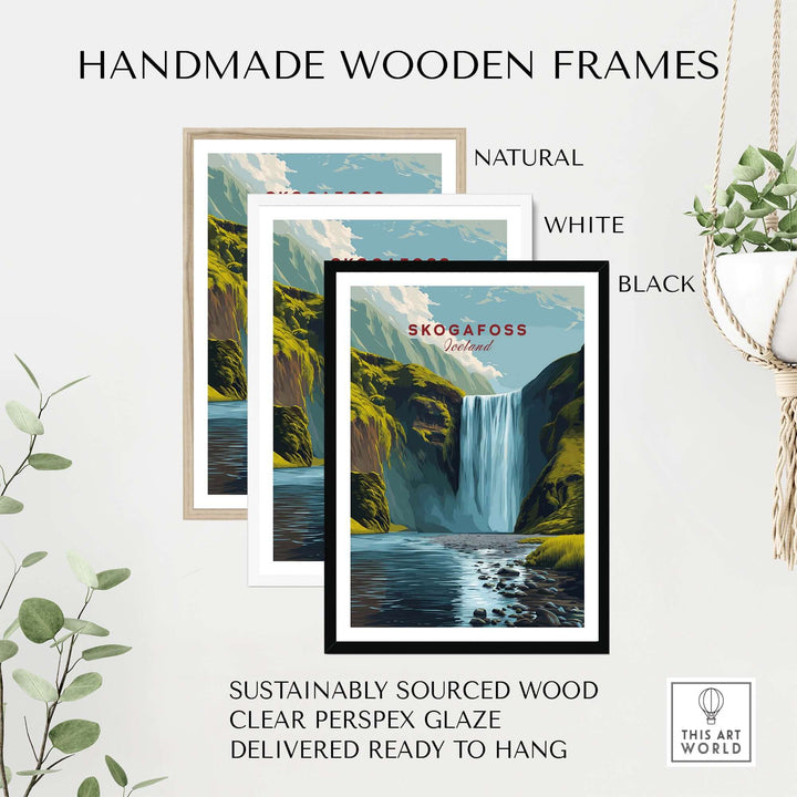 Skógafoss Icelandic Landscape and River Print | Nordic Nature Wall Decor in handmade wooden frames.