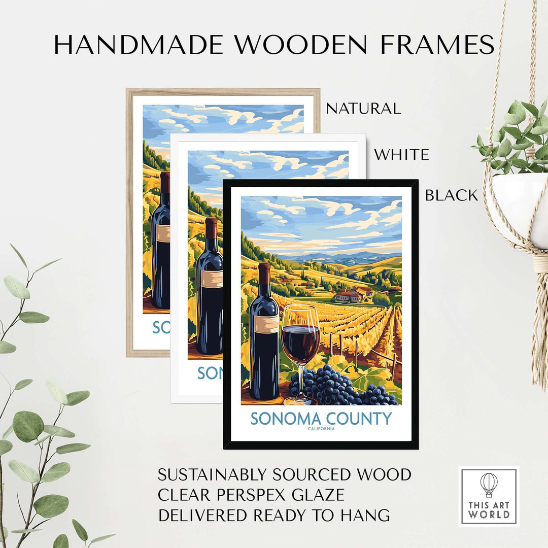 Handmade wooden frames for Sonoma County vineyard art print in natural, white, and black finishes.