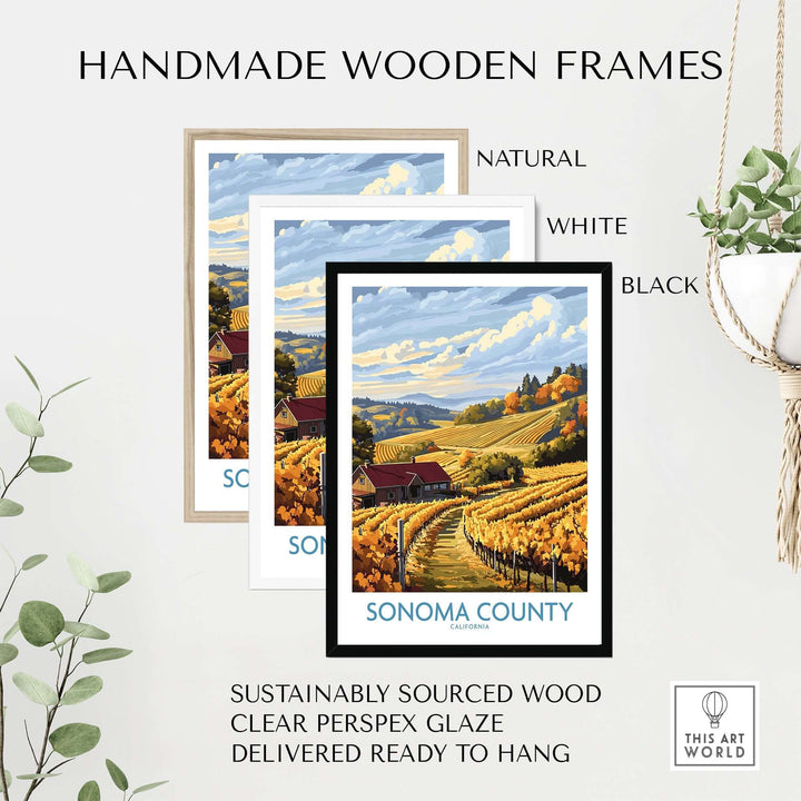 Handmade wooden frames in natural, white, and black for Sonoma County autumn vineyard art print.