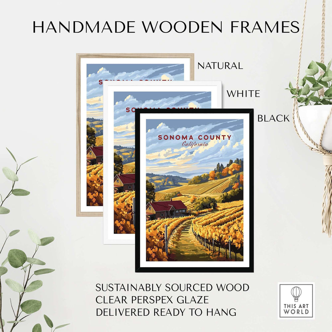 Handmade wooden frames for Sonoma County art print in natural, white, and black finishes, sustainably sourced wood.