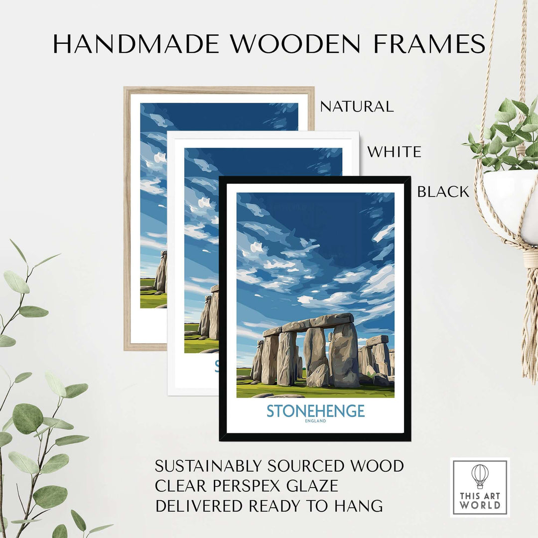 Three handmade wooden frames for Stonehenge poster in natural, white, and black colors with clear Perspex glaze.