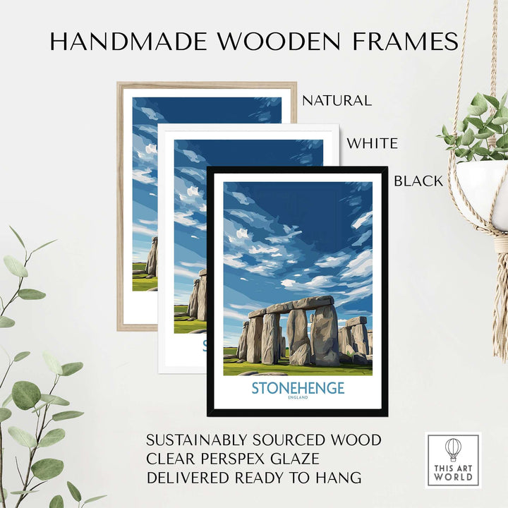 Three handmade wooden frames for Stonehenge poster in natural, white, and black colors with clear Perspex glaze.