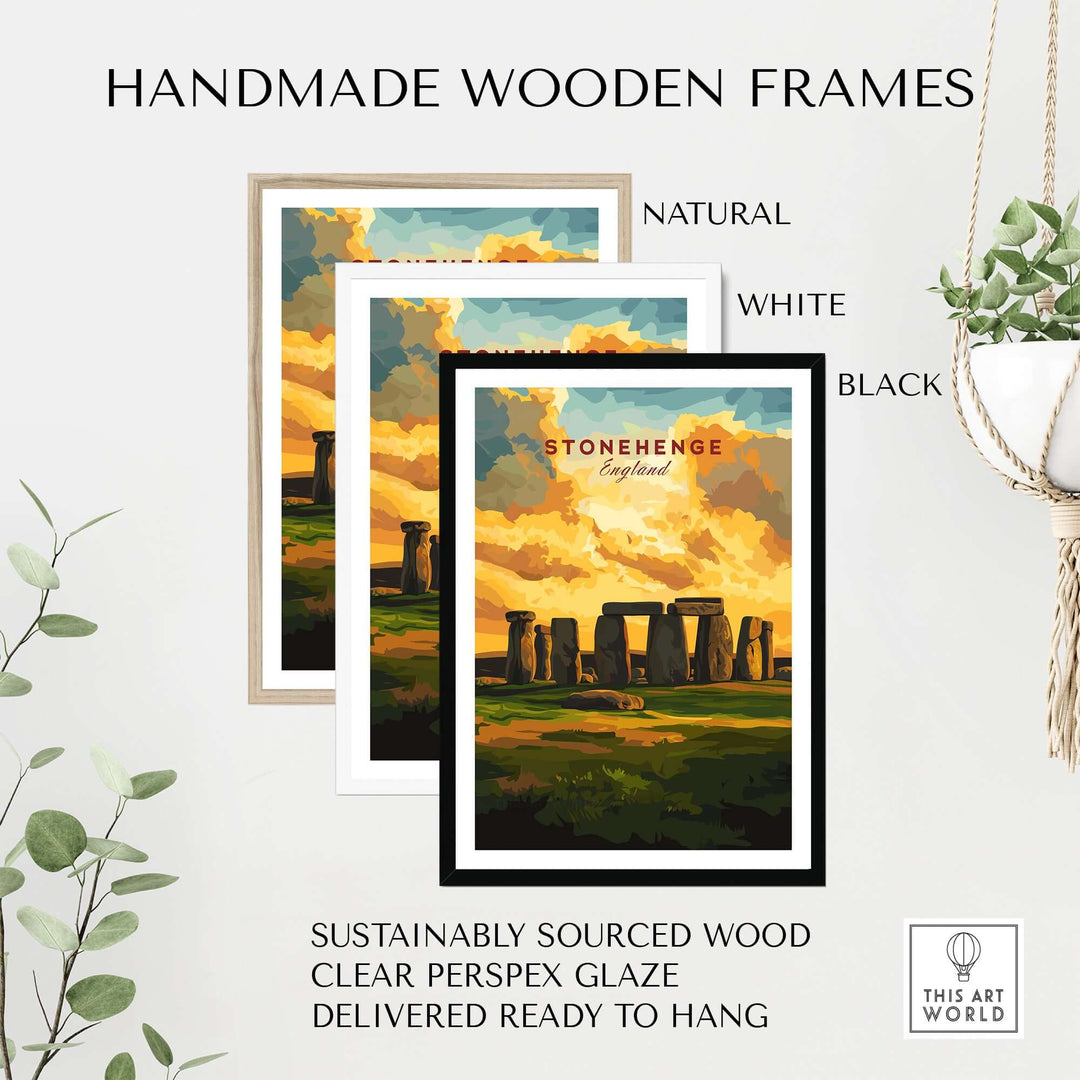 Handmade wooden frames in natural, white, and black for Stonehenge travel print, sustainably sourced and ready to hang.