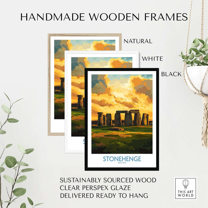 Handmade wooden frames in natural, white, and black for Stonehenge sunset art print, sustainably sourced and ready to hang.