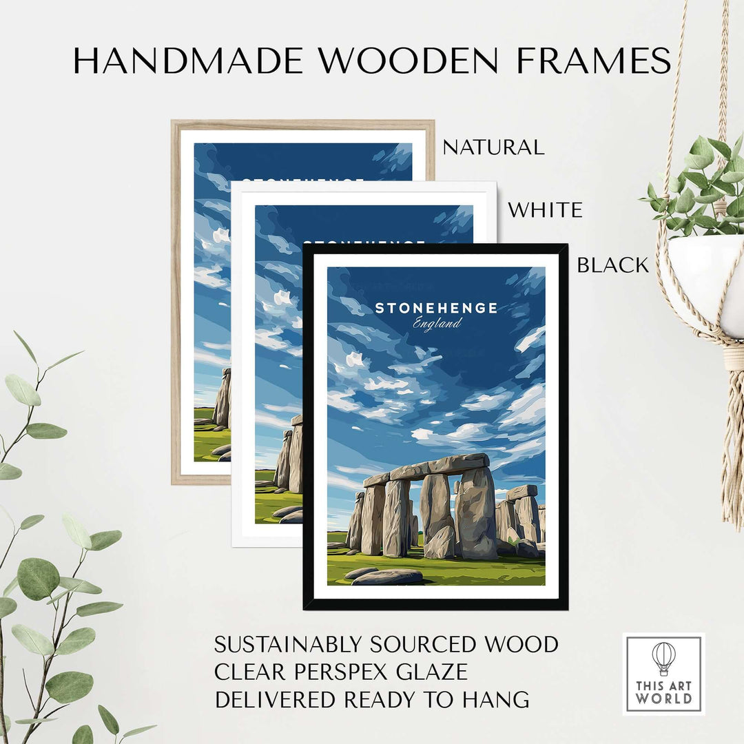 Handmade wooden frames for Stonehenge print in natural, white, and black finishes against a decorative background.