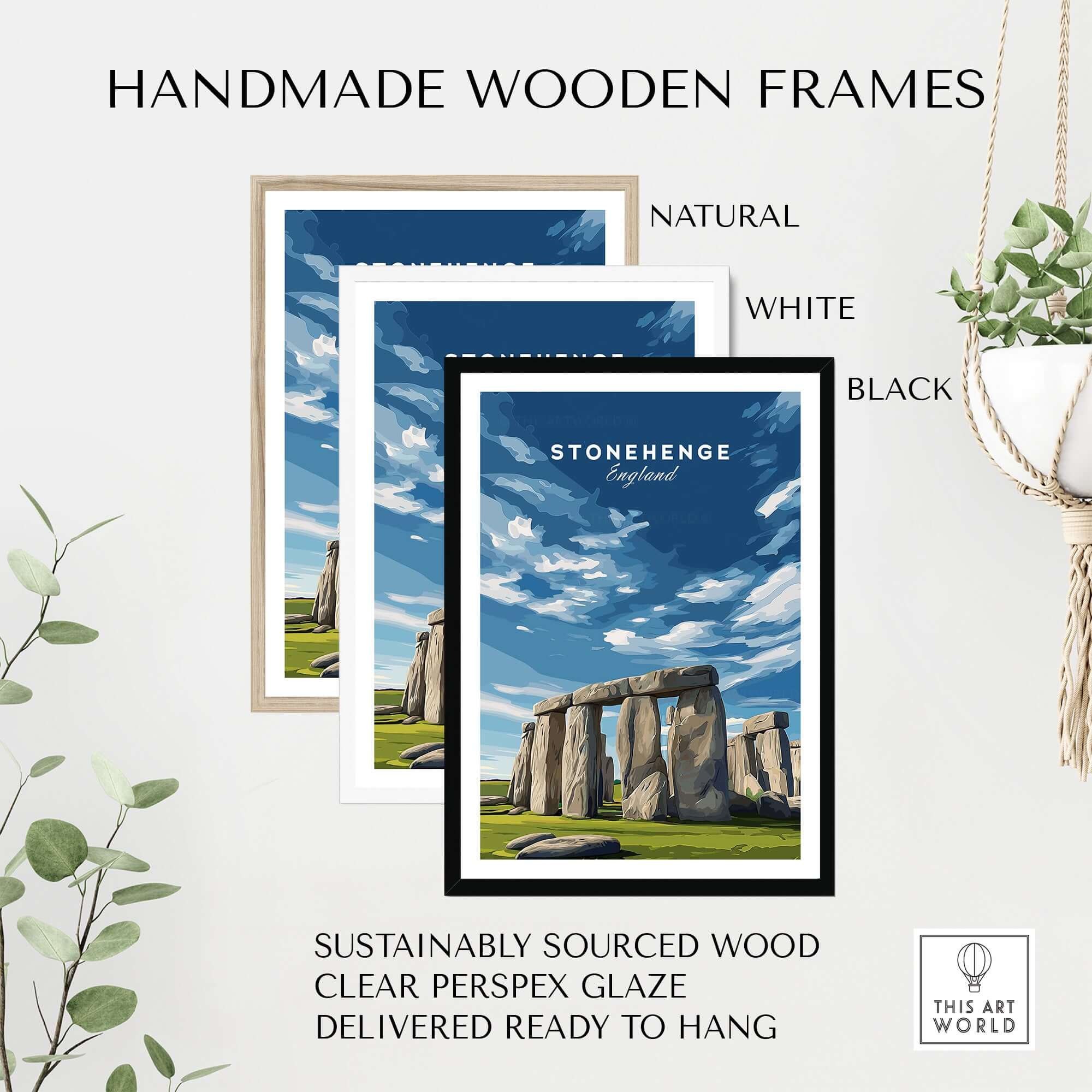 Stonehenge Print - Wiltshire England Wall Art - Historic Monument Poster in handmade wooden frames, natural, white, and black.