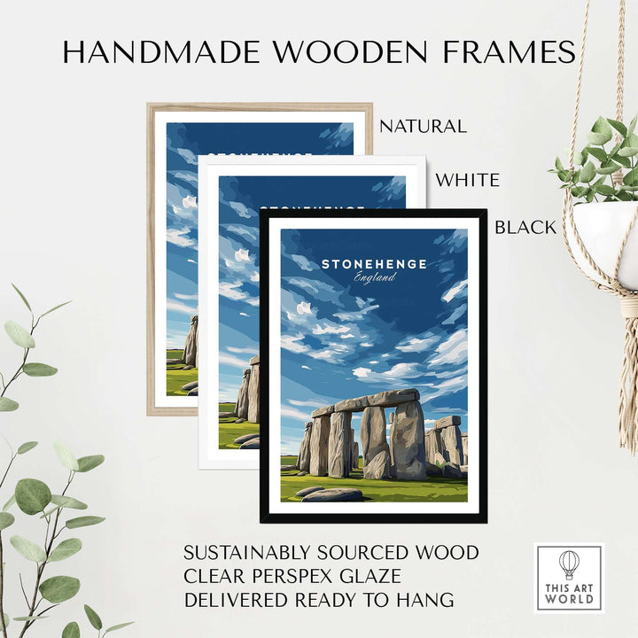 Handmade wooden frames for Stonehenge print in natural, white, and black finishes against a decorative background.