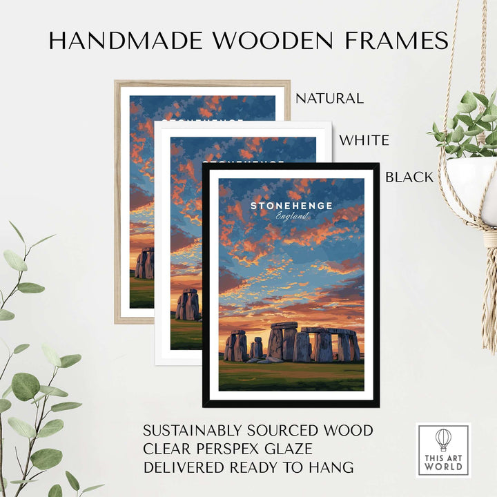 Handmade wooden frames in natural, white, and black for Stonehenge Travel Print, showcasing sustainable materials.