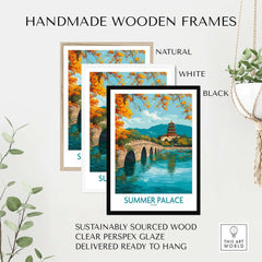 Handmade wooden frames for Summer Palace China Autumn Foliage Poster - Scenic Beijing Lake Wall Art in natural, white, and black.